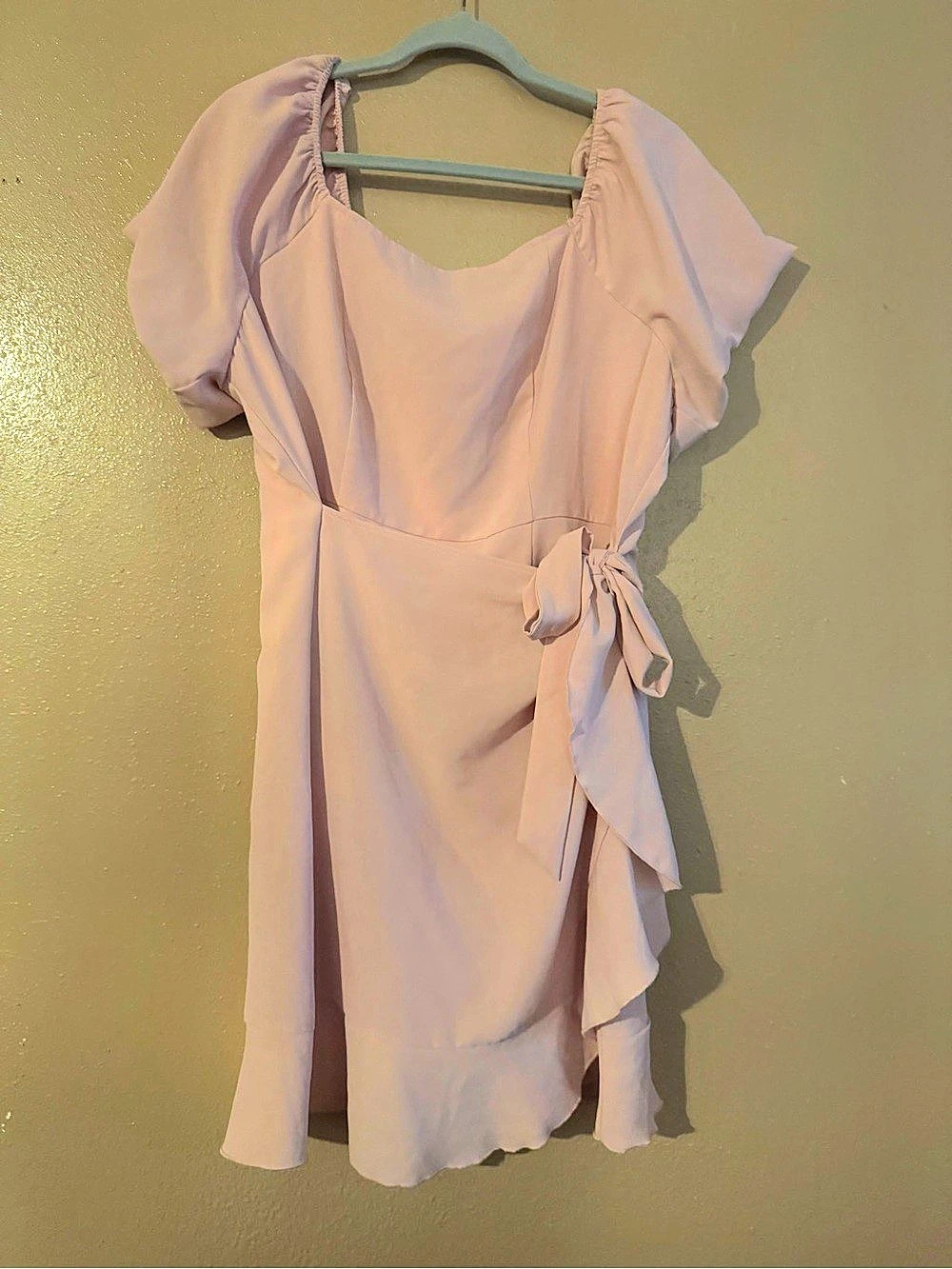 Light Pink Square-Neck Puff-Sleeve Tie-Waist Dress